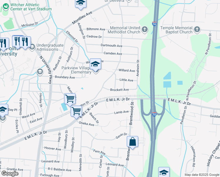 map of restaurants, bars, coffee shops, grocery stores, and more near 1611 Brockett Avenue in High Point