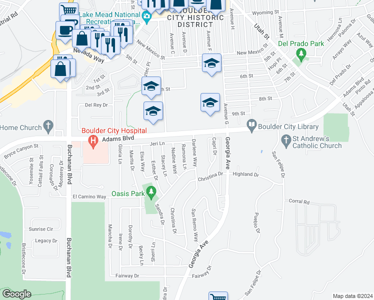 map of restaurants, bars, coffee shops, grocery stores, and more near 1309 Ramona Lane in Boulder City