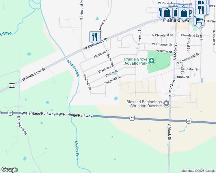 map of restaurants, bars, coffee shops, grocery stores, and more near 609 Chamberlain Road in Prairie Grove