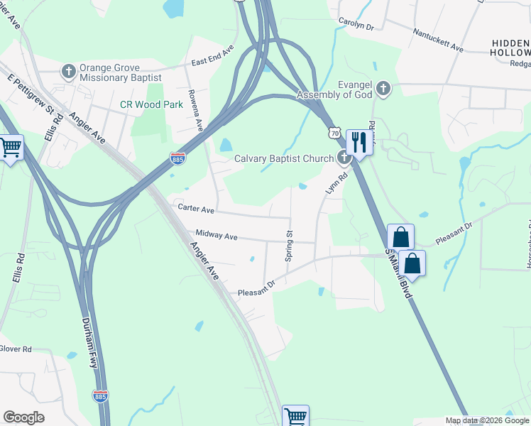 map of restaurants, bars, coffee shops, grocery stores, and more near 723 Carter Avenue in Durham