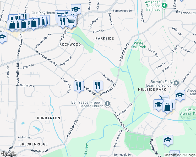 map of restaurants, bars, coffee shops, grocery stores, and more near 2500 South Roxboro Street in Durham