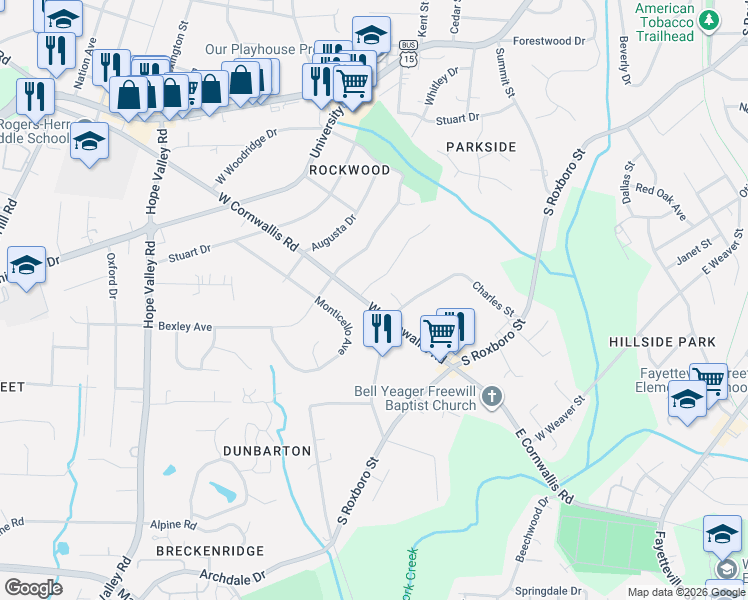 map of restaurants, bars, coffee shops, grocery stores, and more near 201 West Cornwallis Road in Durham