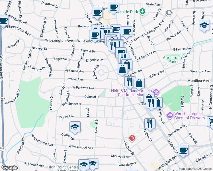 map of restaurants, bars, coffee shops, grocery stores, and more near 405 West Parkway Avenue in High Point