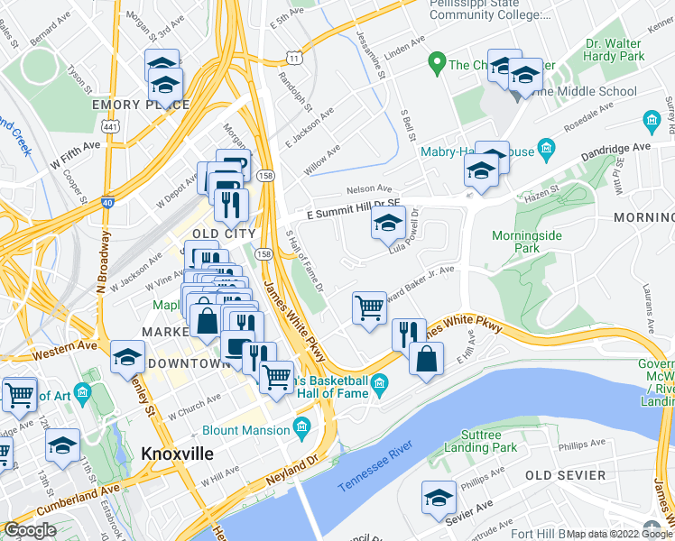 map of restaurants, bars, coffee shops, grocery stores, and more near 466 South Hall of Fame Drive in Knoxville