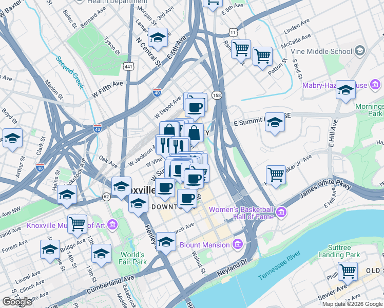 map of restaurants, bars, coffee shops, grocery stores, and more near in Knoxville