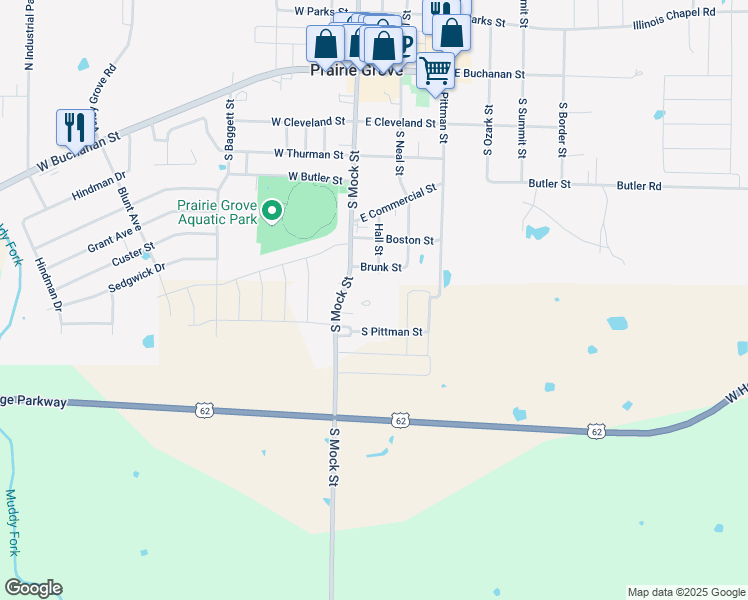 map of restaurants, bars, coffee shops, grocery stores, and more near 11054 Hogeye Road in Prairie Grove