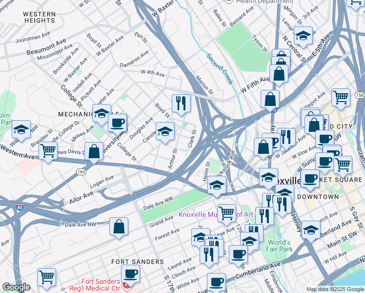 map of restaurants, bars, coffee shops, grocery stores, and more near 1013 Tulip Avenue in Knoxville