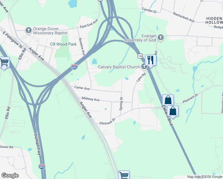 map of restaurants, bars, coffee shops, grocery stores, and more near 723 Carter Avenue in Durham