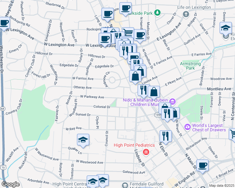 map of restaurants, bars, coffee shops, grocery stores, and more near 408 West Parkway Avenue in High Point