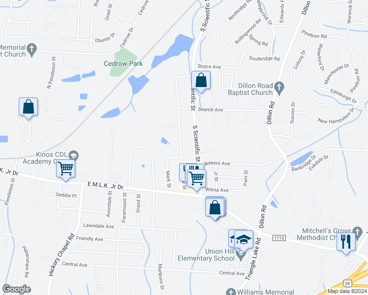 map of restaurants, bars, coffee shops, grocery stores, and more near 731 Hendrix Street in High Point