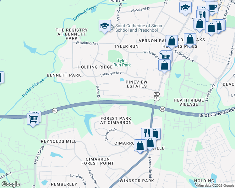 map of restaurants, bars, coffee shops, grocery stores, and more near 556 Brunello Drive in Wake Forest