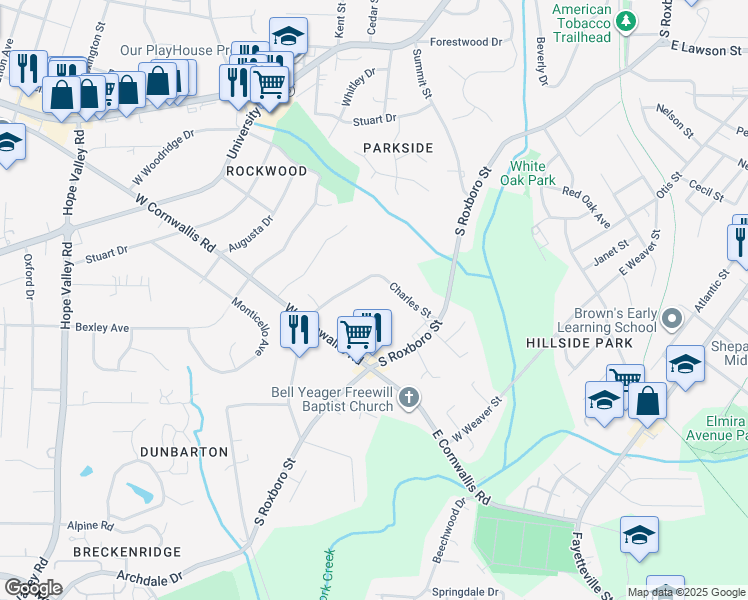 map of restaurants, bars, coffee shops, grocery stores, and more near 2500 South Roxboro Street in Durham