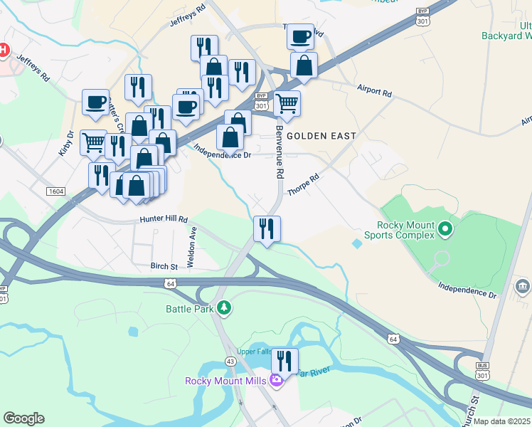 map of restaurants, bars, coffee shops, grocery stores, and more near 12 Success Court in Rocky Mount