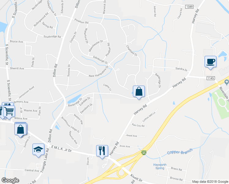 map of restaurants, bars, coffee shops, grocery stores, and more near 3843 Banbridge Drive in High Point