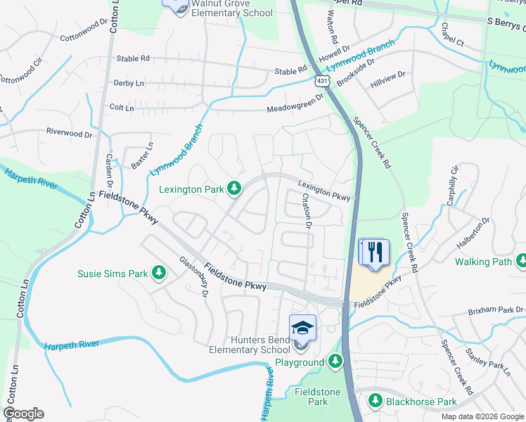map of restaurants, bars, coffee shops, grocery stores, and more near 222 Hideaway Trail in Franklin