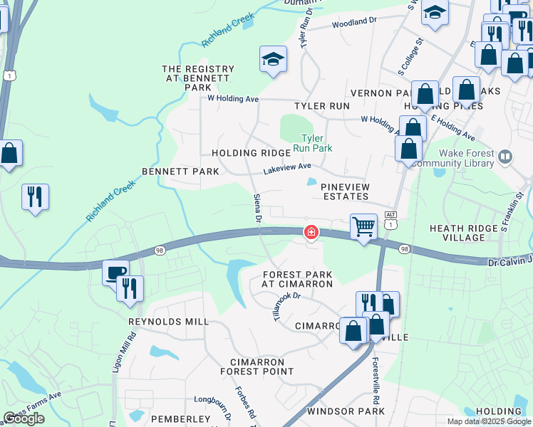 map of restaurants, bars, coffee shops, grocery stores, and more near 506 Brunello Drive in Wake Forest