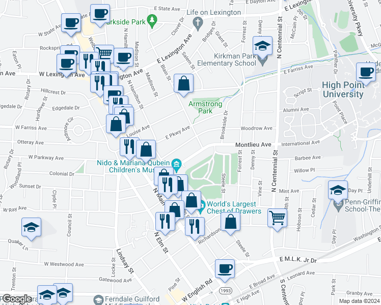 map of restaurants, bars, coffee shops, grocery stores, and more near 227 Montlieu Avenue in High Point