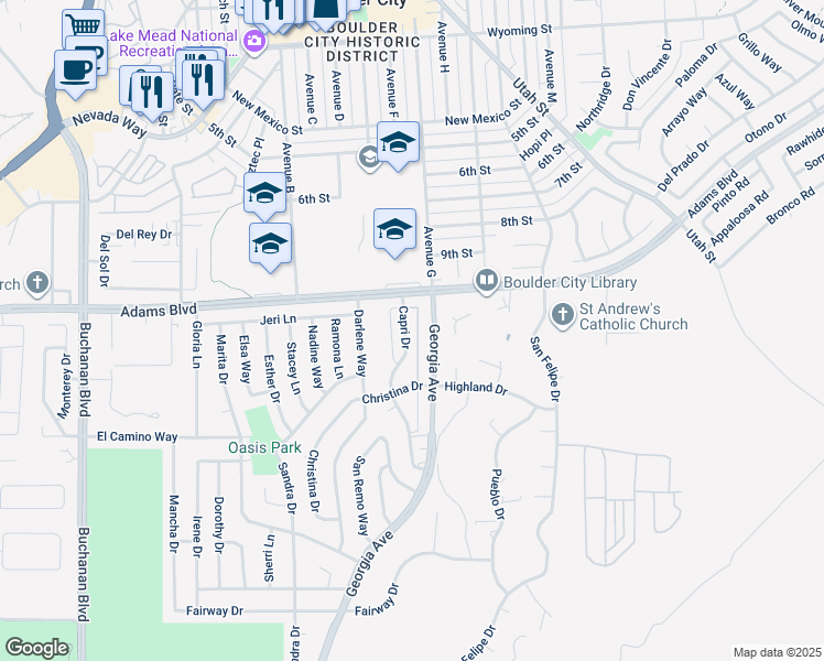 map of restaurants, bars, coffee shops, grocery stores, and more near 1307 Capri Drive in Boulder City
