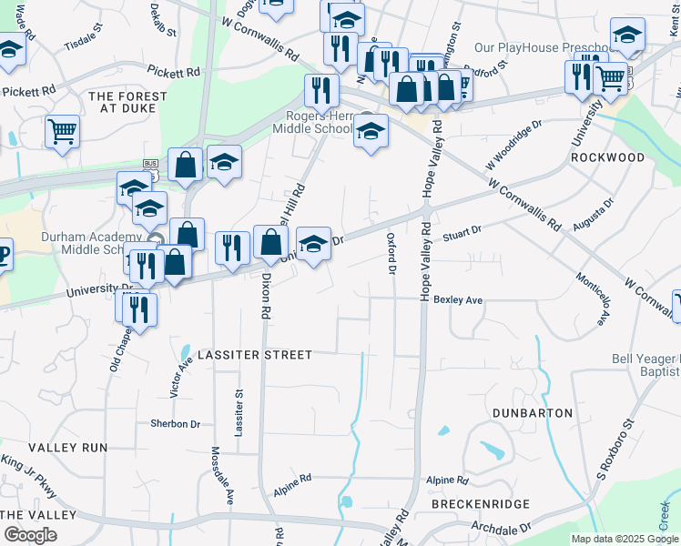 map of restaurants, bars, coffee shops, grocery stores, and more near 2513 Yorkdale Court in Durham