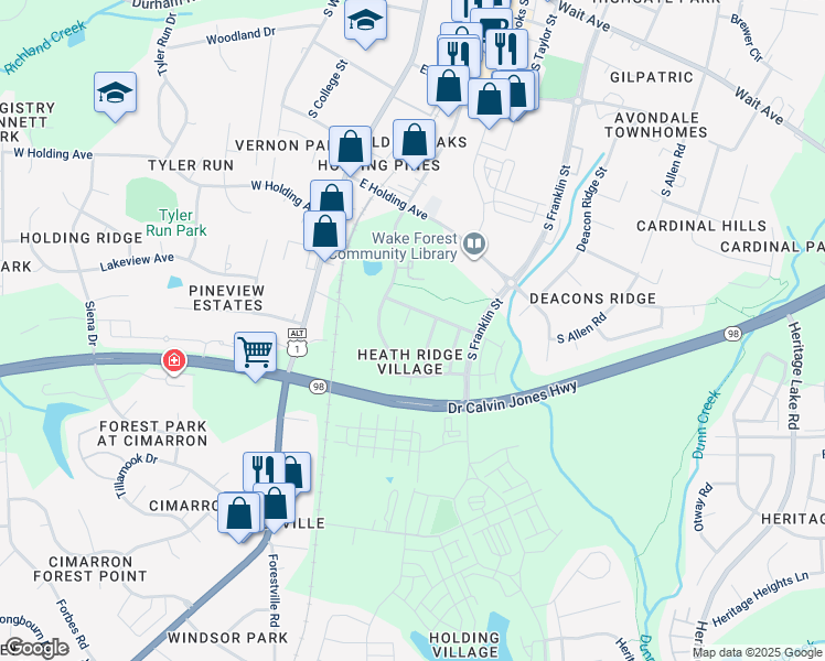 map of restaurants, bars, coffee shops, grocery stores, and more near 809 Old Ash Court in Wake Forest