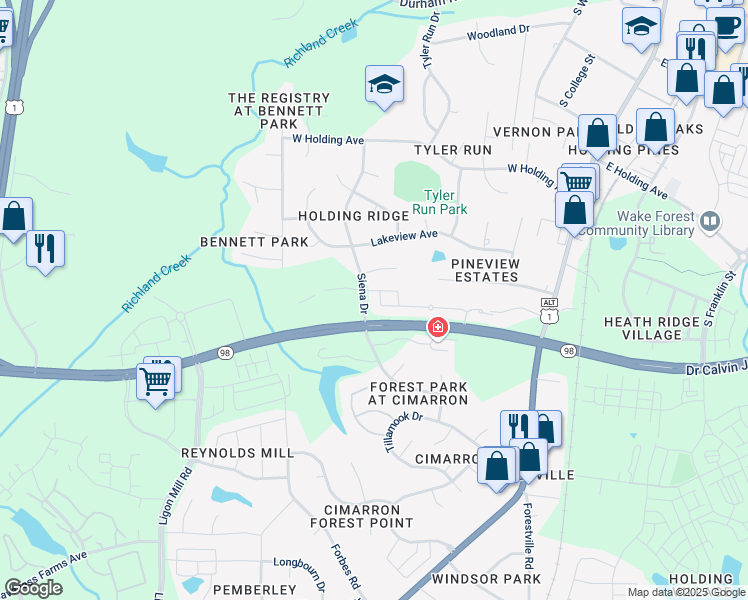 map of restaurants, bars, coffee shops, grocery stores, and more near 506 Brunello Drive in Wake Forest