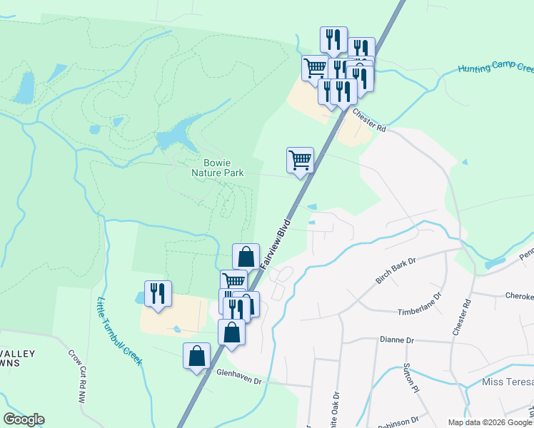 map of restaurants, bars, coffee shops, grocery stores, and more near 2320 Fairview Boulevard in Fairview