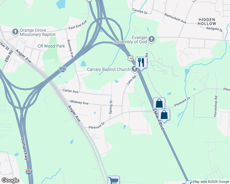 map of restaurants, bars, coffee shops, grocery stores, and more near 1300 Lynn Road in Durham