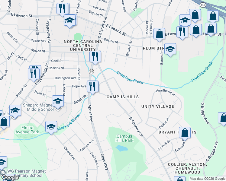map of restaurants, bars, coffee shops, grocery stores, and more near 1707 South Alston Avenue in Durham