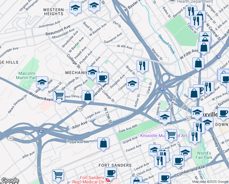 map of restaurants, bars, coffee shops, grocery stores, and more near 1406 Dora Street in Knoxville