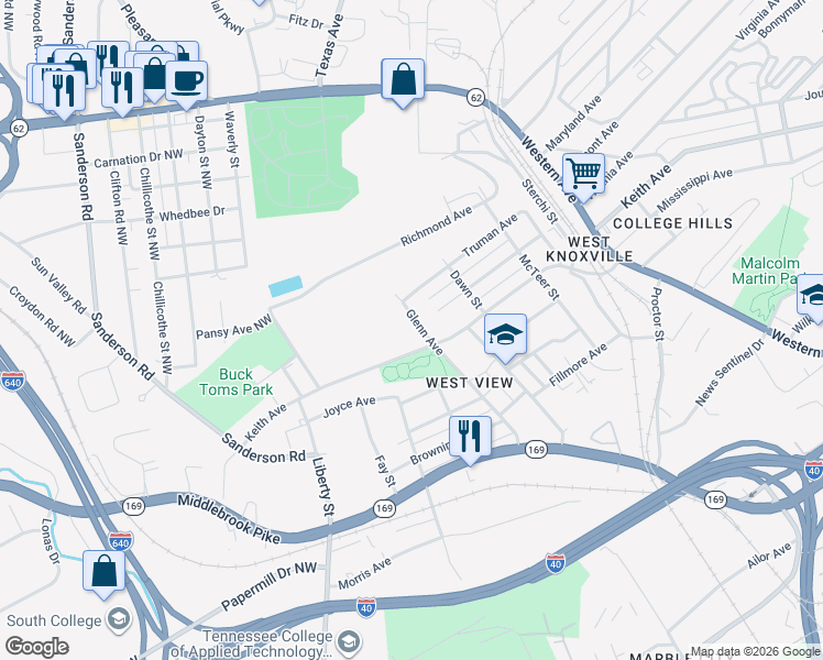 map of restaurants, bars, coffee shops, grocery stores, and more near 2011 Glenn Avenue in Knoxville