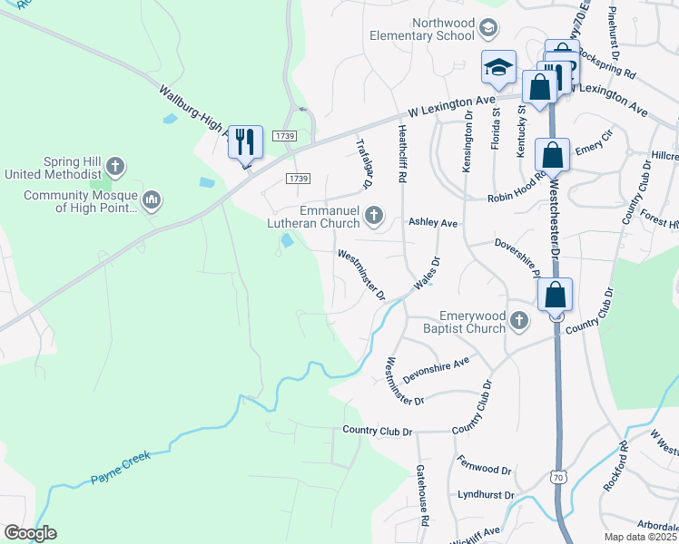 map of restaurants, bars, coffee shops, grocery stores, and more near 1312 Gilbrook Court in High Point