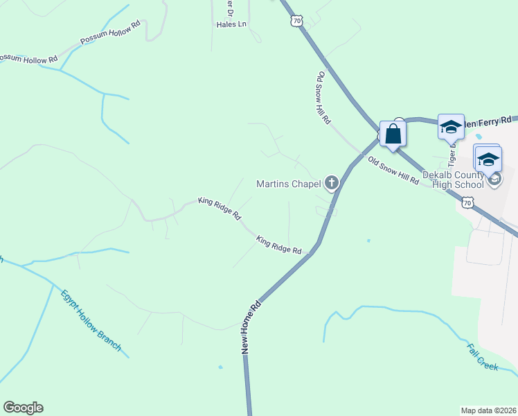 map of restaurants, bars, coffee shops, grocery stores, and more near 820 King Ridge Road in Dowelltown