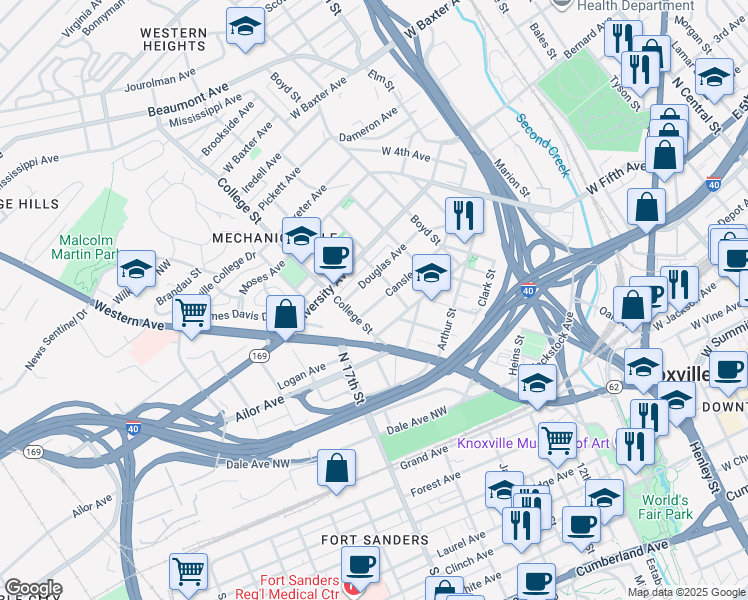 map of restaurants, bars, coffee shops, grocery stores, and more near 1406 Dora Street in Knoxville