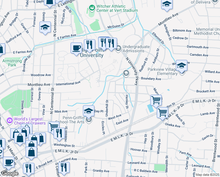 map of restaurants, bars, coffee shops, grocery stores, and more near 506 Underhill Street in High Point