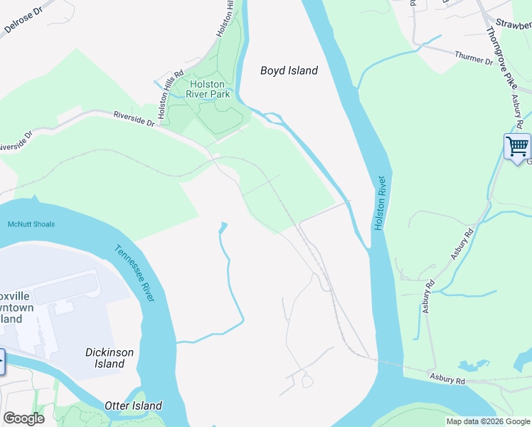 map of restaurants, bars, coffee shops, grocery stores, and more near 3435 Riverside Drive in Knoxville