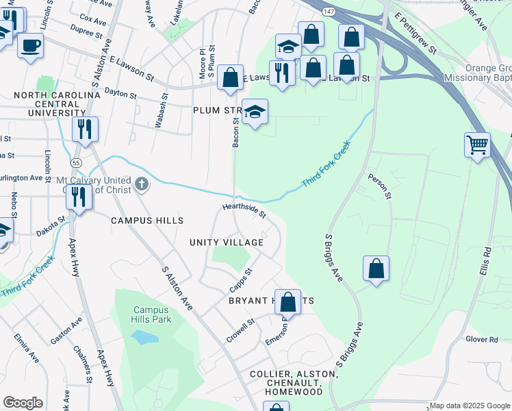 map of restaurants, bars, coffee shops, grocery stores, and more near 1214 Hearthside Street in Durham
