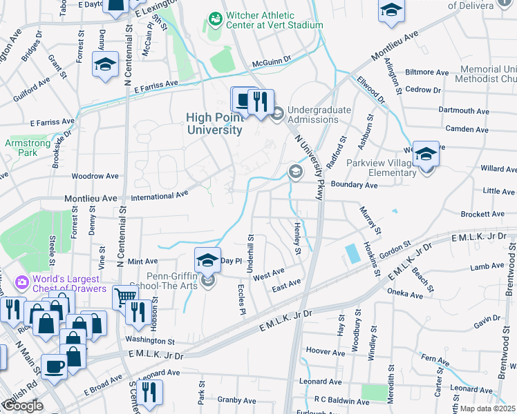 map of restaurants, bars, coffee shops, grocery stores, and more near 506 Underhill Street in High Point
