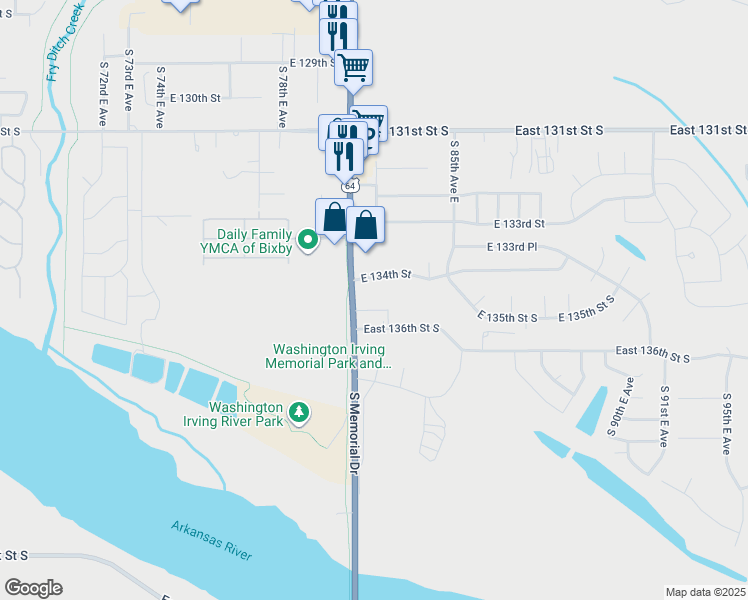 map of restaurants, bars, coffee shops, grocery stores, and more near 13475 South Memorial Drive in Bixby