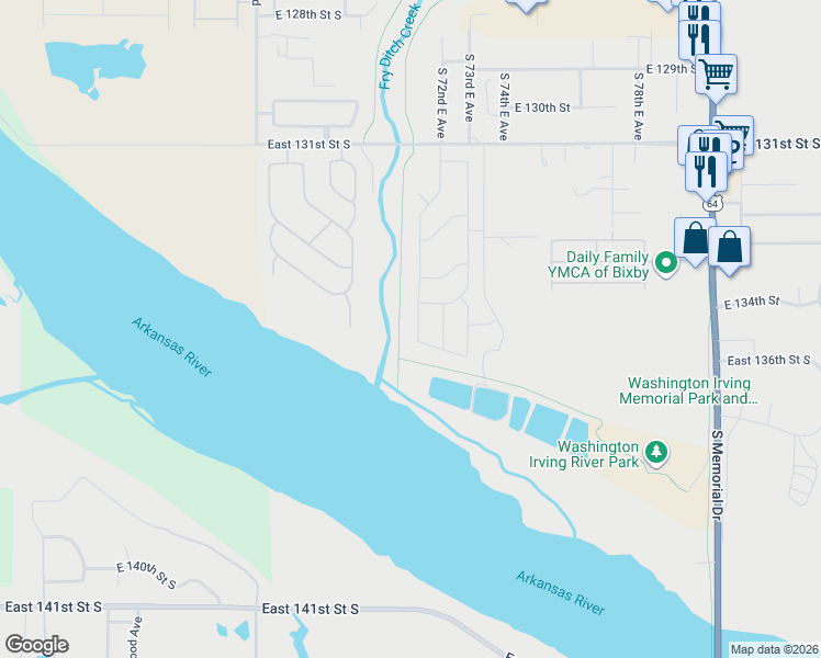 map of restaurants, bars, coffee shops, grocery stores, and more near Fry Ditch Creek Trail in Bixby