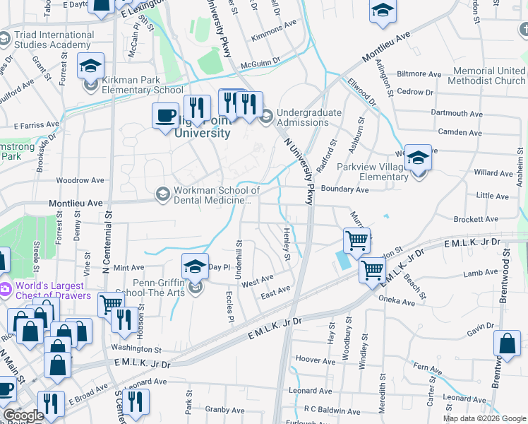 map of restaurants, bars, coffee shops, grocery stores, and more near 1505 Graves Avenue in High Point
