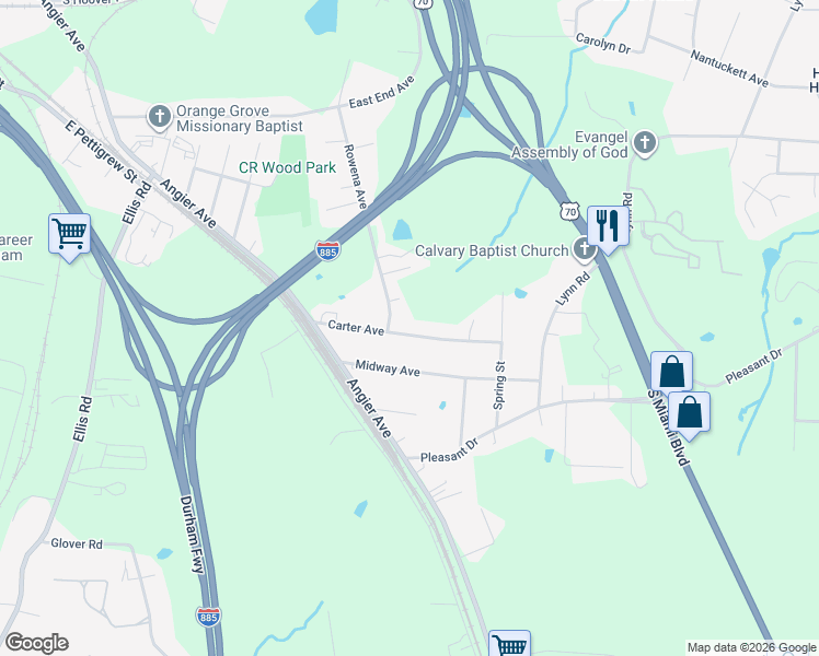 map of restaurants, bars, coffee shops, grocery stores, and more near 3245 Rowena Avenue in Durham