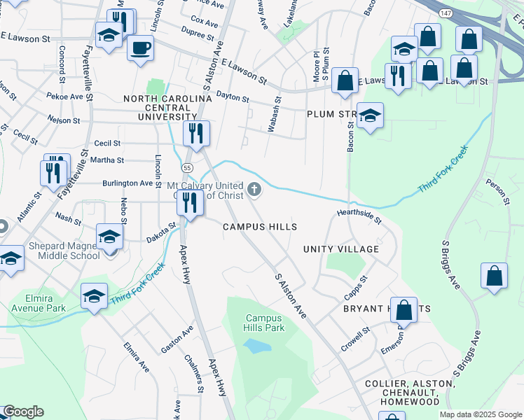 map of restaurants, bars, coffee shops, grocery stores, and more near 1715 Athens Avenue in Durham
