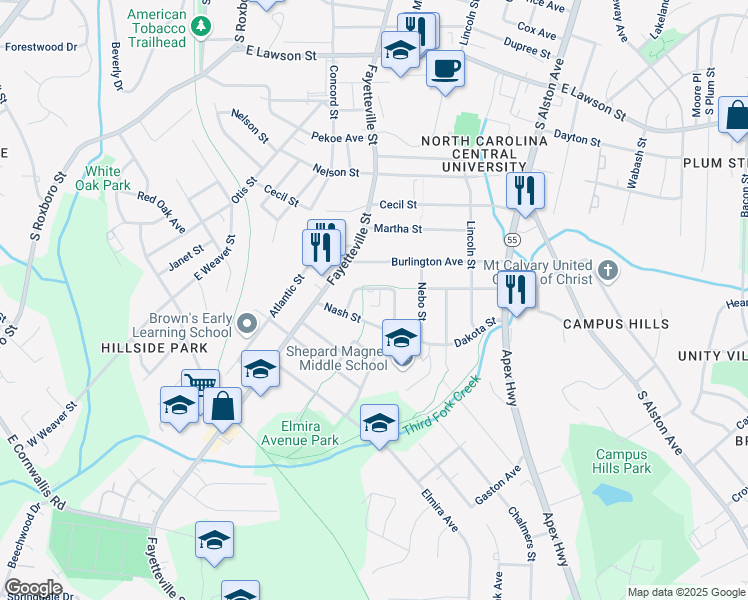 map of restaurants, bars, coffee shops, grocery stores, and more near 2501 Fayetteville Street in Durham