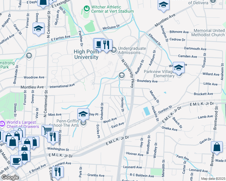 map of restaurants, bars, coffee shops, grocery stores, and more near 1505 Graves Avenue in High Point