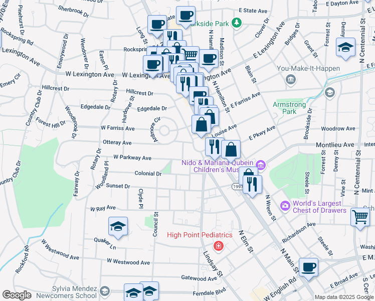 map of restaurants, bars, coffee shops, grocery stores, and more near 89 Hillcrest Drive in High Point