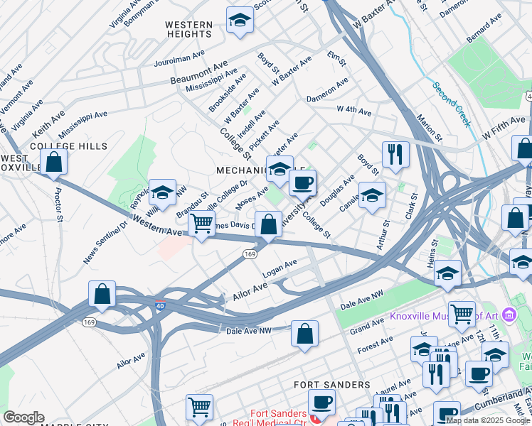 map of restaurants, bars, coffee shops, grocery stores, and more near 733 Alfredda Delaney Street in Knoxville