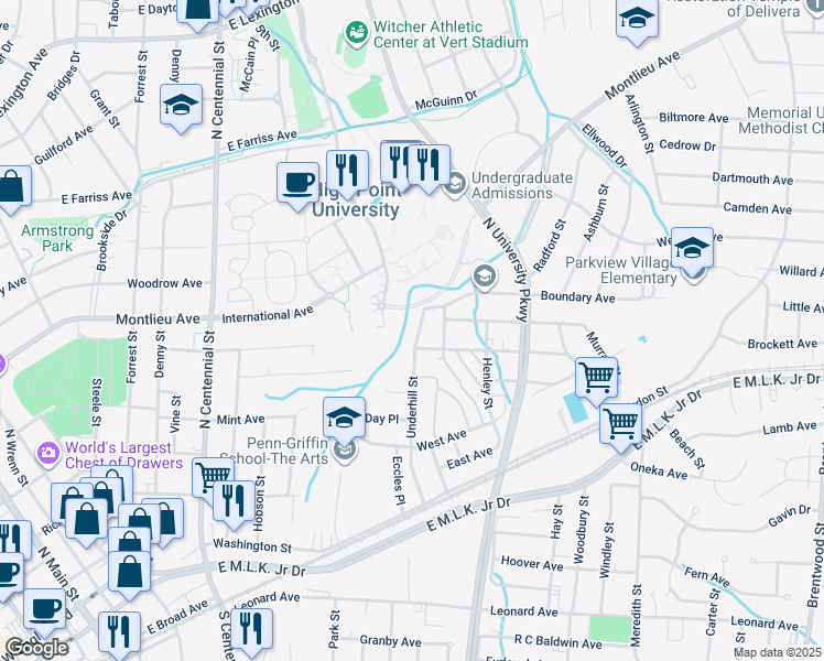 map of restaurants, bars, coffee shops, grocery stores, and more near 507 Underhill Street in High Point