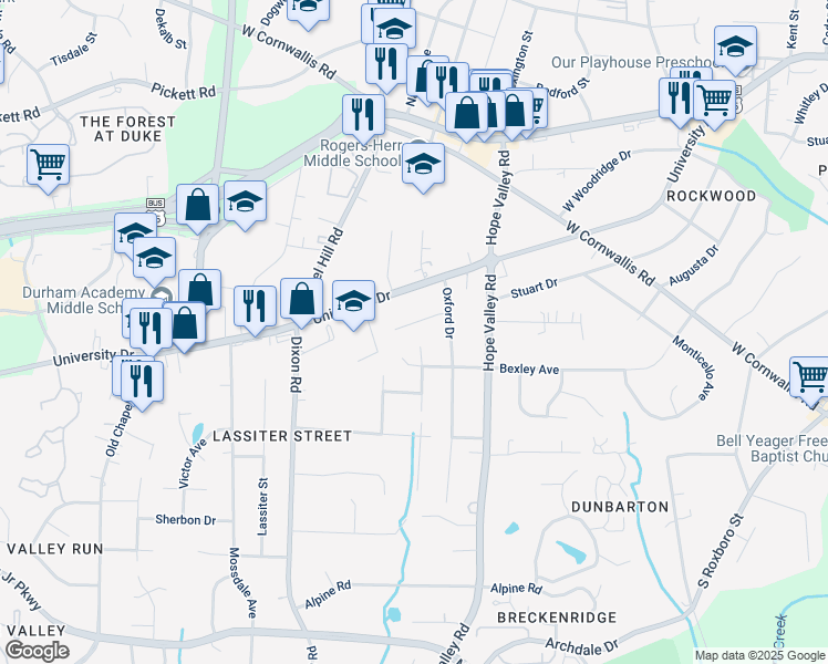 map of restaurants, bars, coffee shops, grocery stores, and more near 2508 Yorkdale Court in Durham