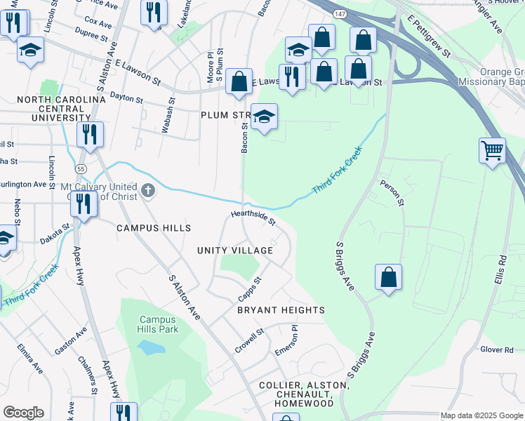 map of restaurants, bars, coffee shops, grocery stores, and more near 1218 Hearthside Street in Durham