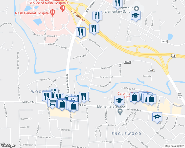 map of restaurants, bars, coffee shops, grocery stores, and more near 380 Jones Road in Rocky Mount